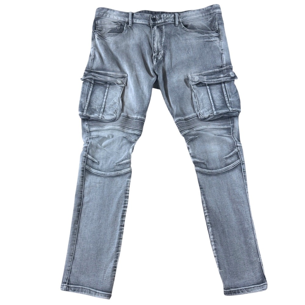 Cargo Biker Skinny Jeans Mens 40x32 Smoke Rise Gray Moto Ribbed Slim Motorcycle